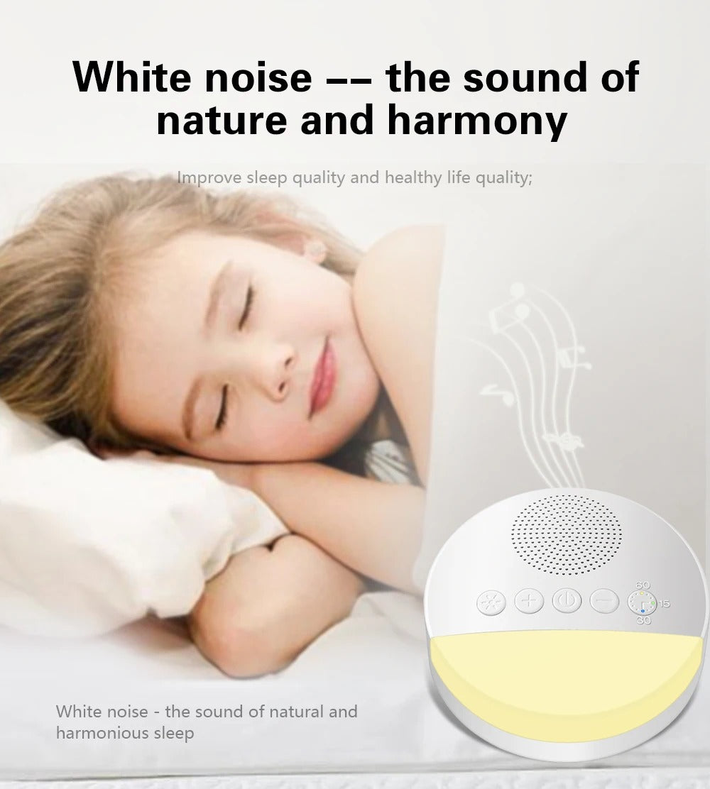 Compact white noise machine playing natural sounds to improve sleep quality and relaxation.