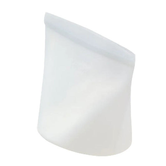 Empty white reusable silicone food storage bag with leakproof seal