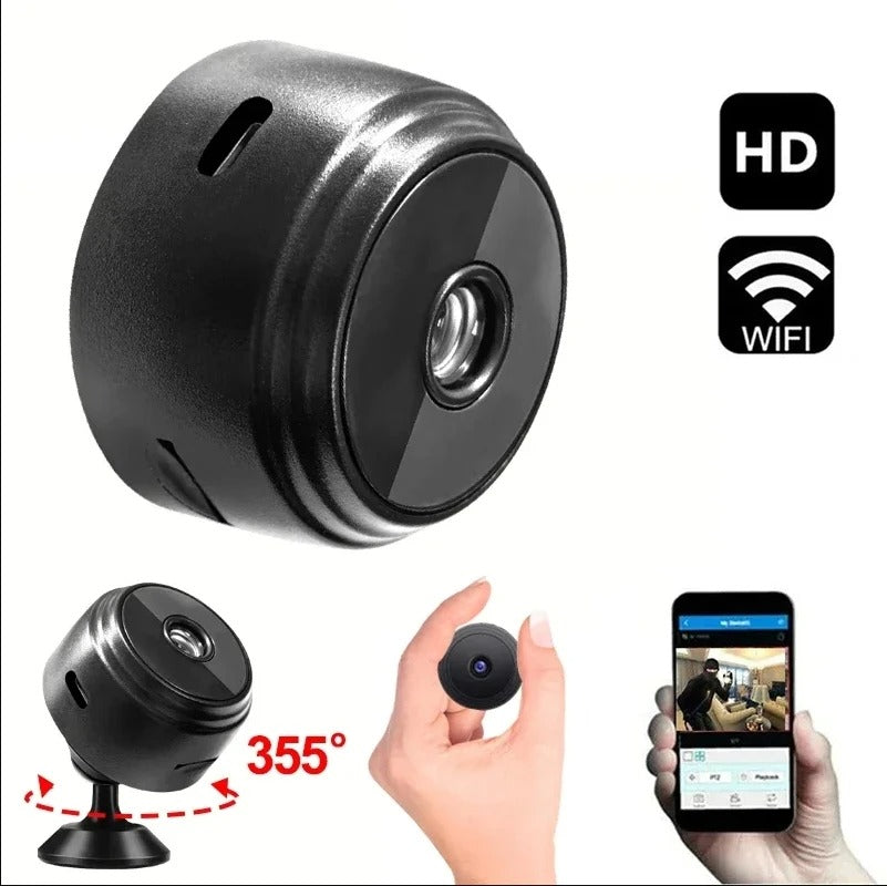 WiFi mini camera with a 360-degree rotating base, HD video recording, and remote viewing.