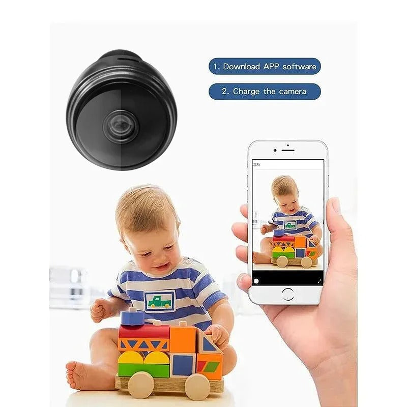 Smart WiFi mini camera used as a baby monitor with mobile app connectivity for live viewing.