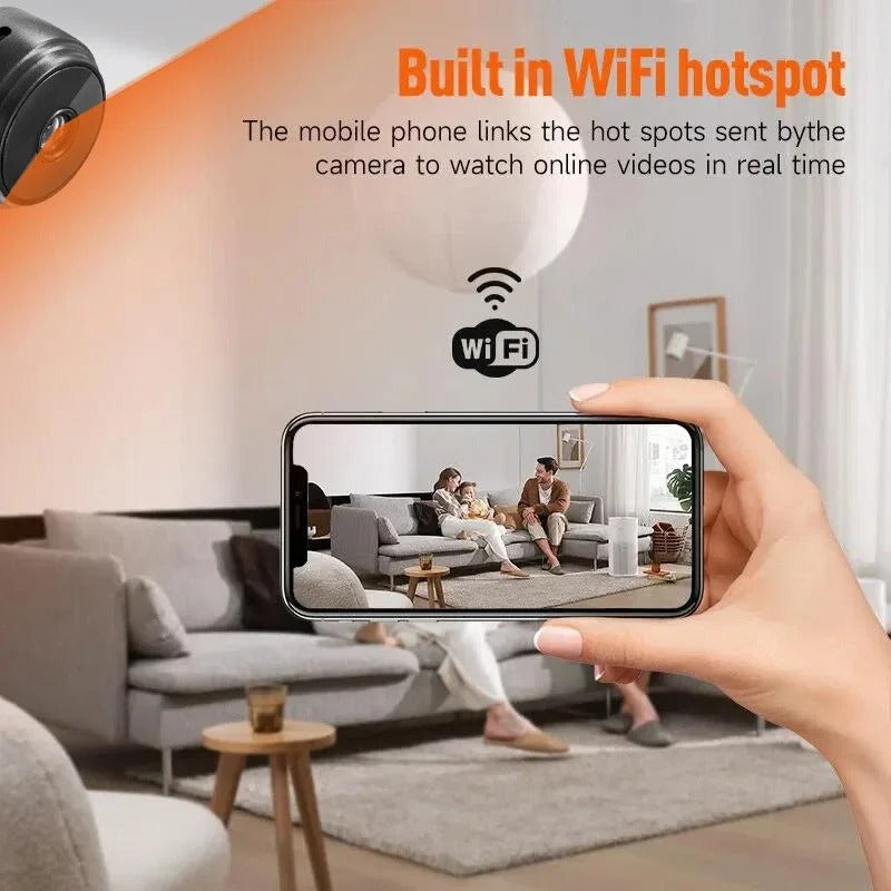 Wireless mini camera with built-in WiFi hotspot for real-time video monitoring on mobile devices.