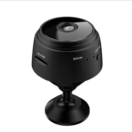 Compact WiFi mini camera with a sleek black design for home security and baby monitoring.