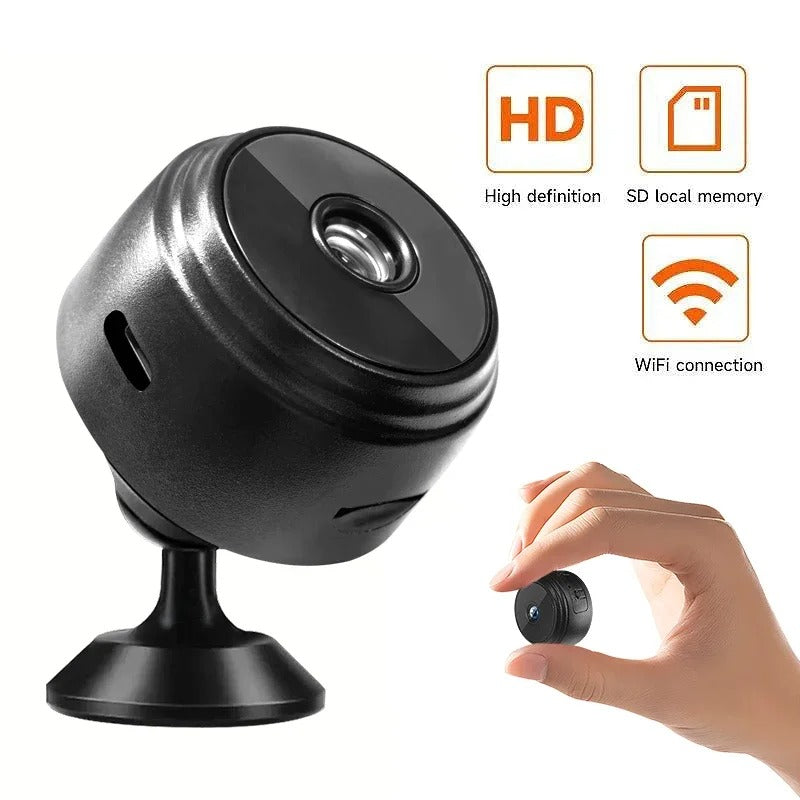 High-definition WiFi mini camera with SD card storage and wireless connection for smart surveillance.