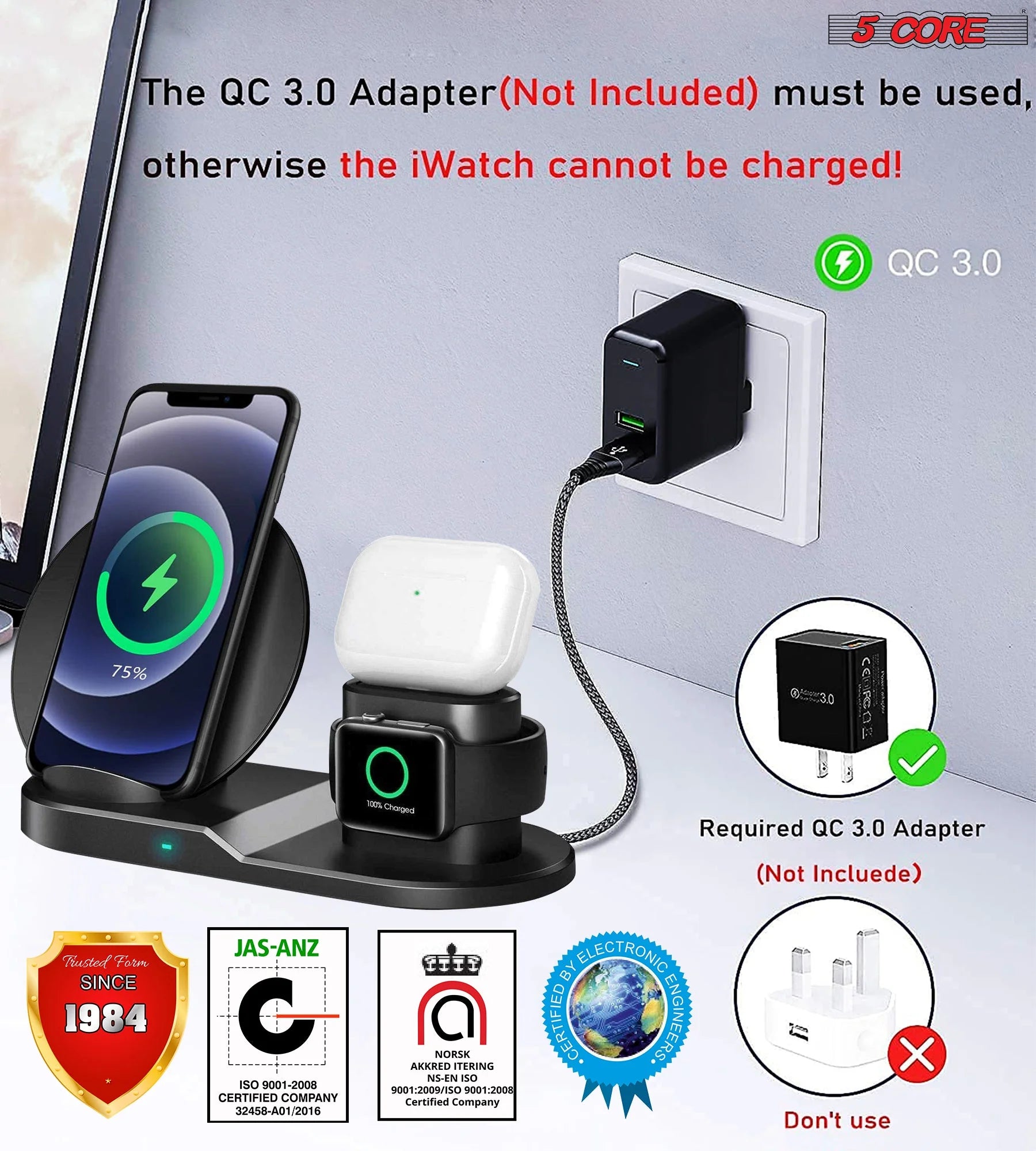 5 Core 3 in 1 Qi Wireless 10W / 15W Fast Charging Pad Stand Dock for Samsung & Iphones WCR 3