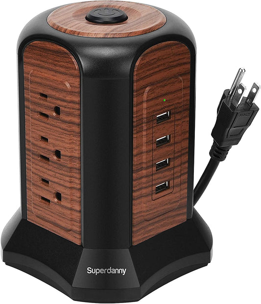 Power Strip Tower Surge Protector,  Desktop Charging Station, 10 Ft Extension Cord, 9 Outlets, 4 USB Ports, 1080 Joules, 3-Prong, Grounded, Multiple Protections for Home, Office, Deep Brown